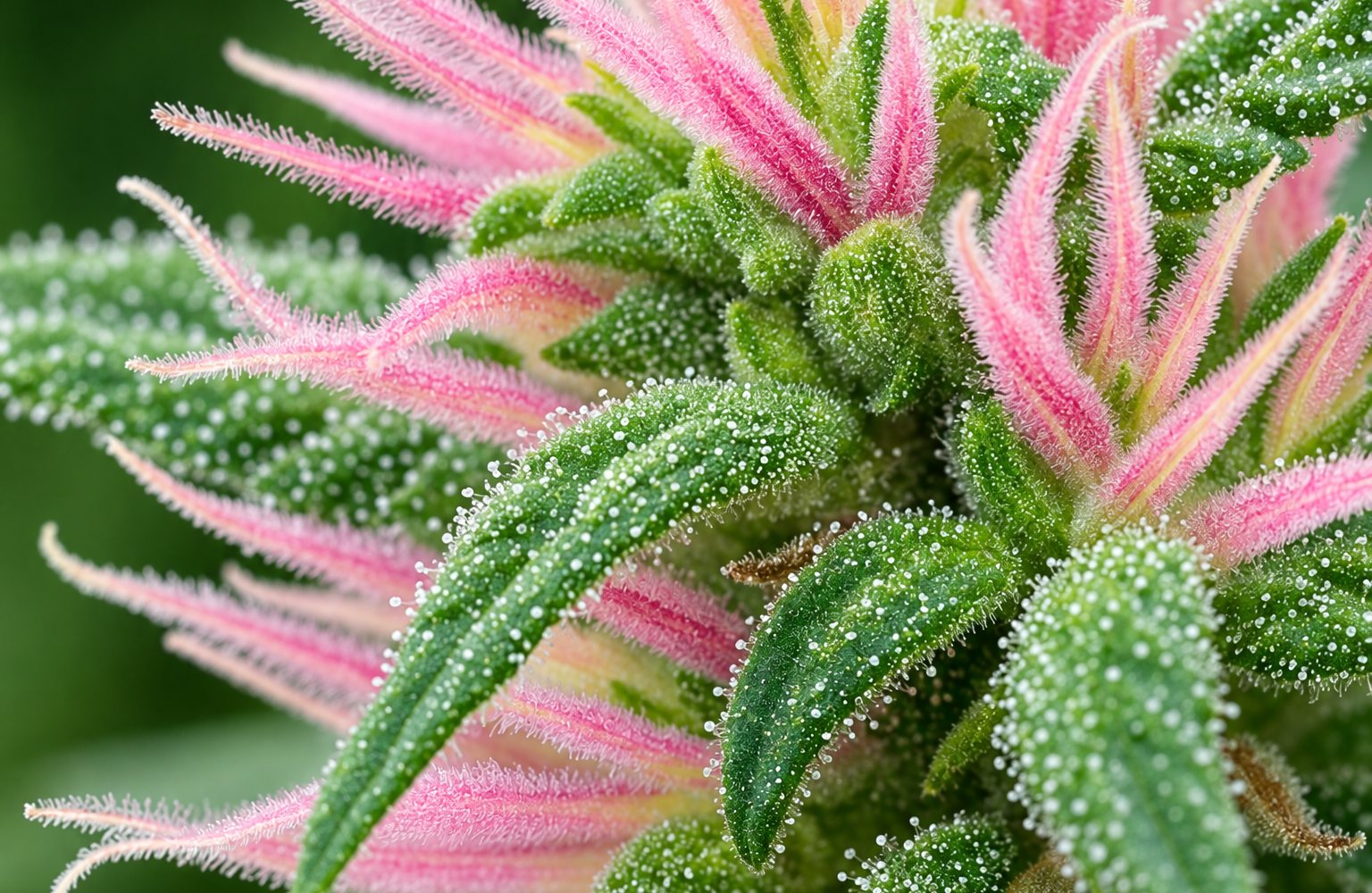Pink pistils emerging from a cannabis flower, in close focus