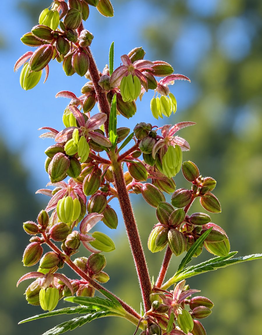 A flowering stalk in close focus against the sky